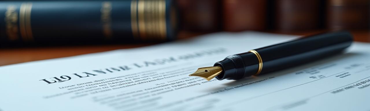 Close up of a legal fountain pen and leather-bound law books